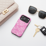 Pink lace phone case with accessories