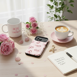 Pink ribbon case flatlay
