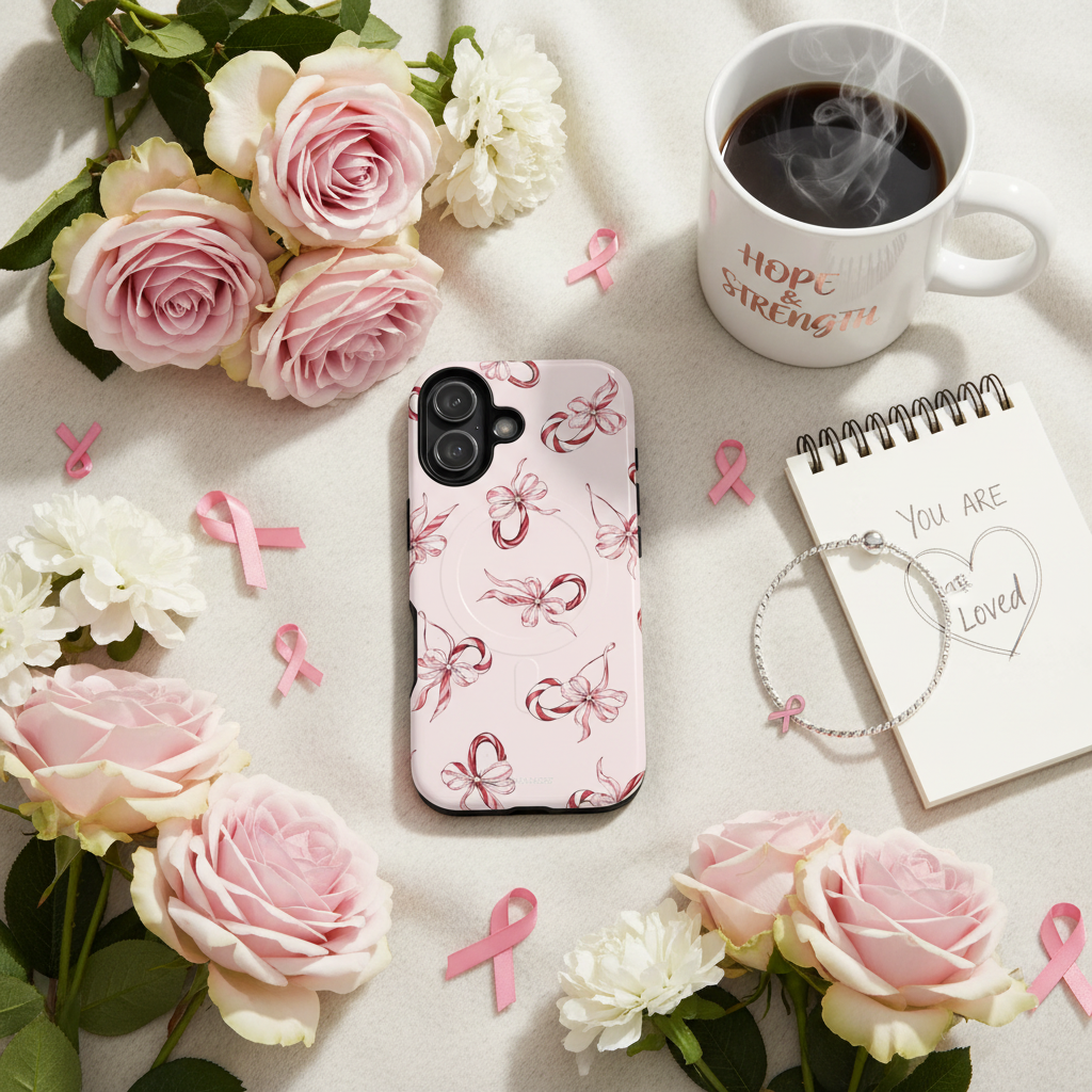 Pink ribbon case flatlay