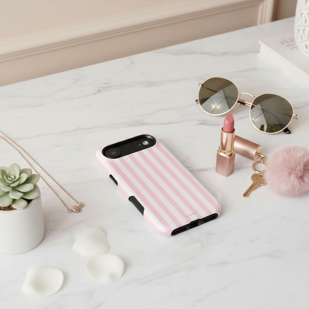 Pink Stripe Case Flatlay with Accessories