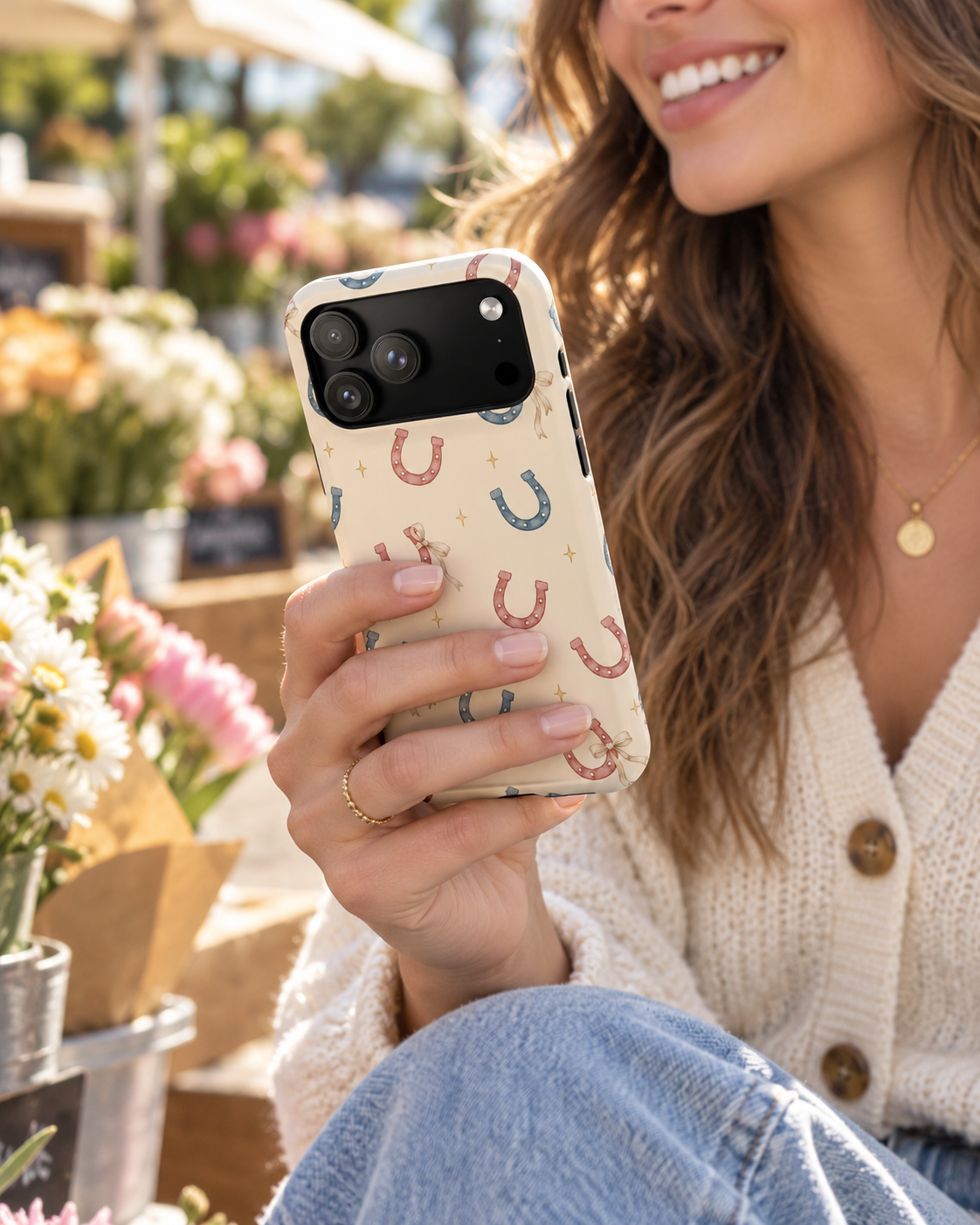 Woman holding a Prairie Horseshoes phone case beside flowers, wearing a cream cardigan