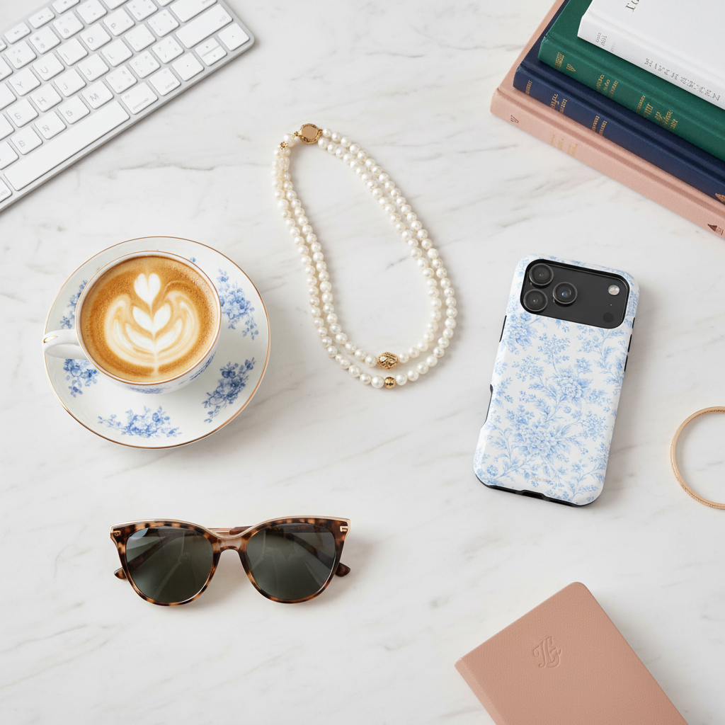 Preppy marble desk flat lay