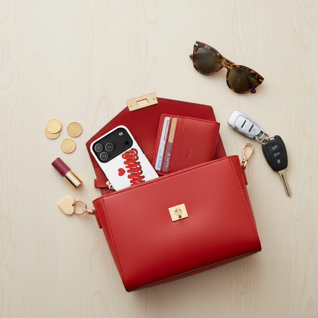 Red leather purse flatlay