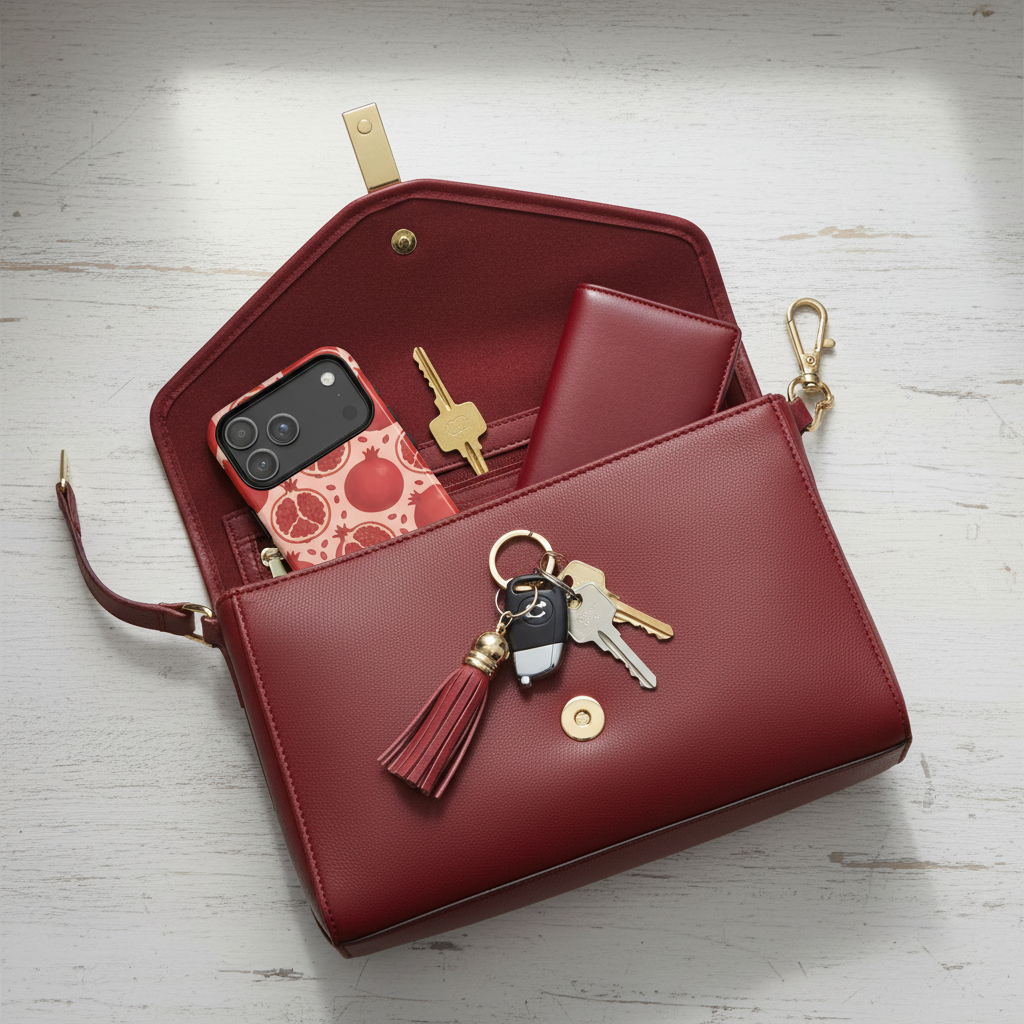 Red leather purse flatlay