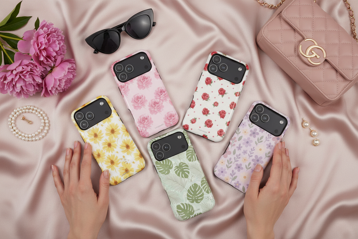 Floral phone case designs arranged on rose-gold satin