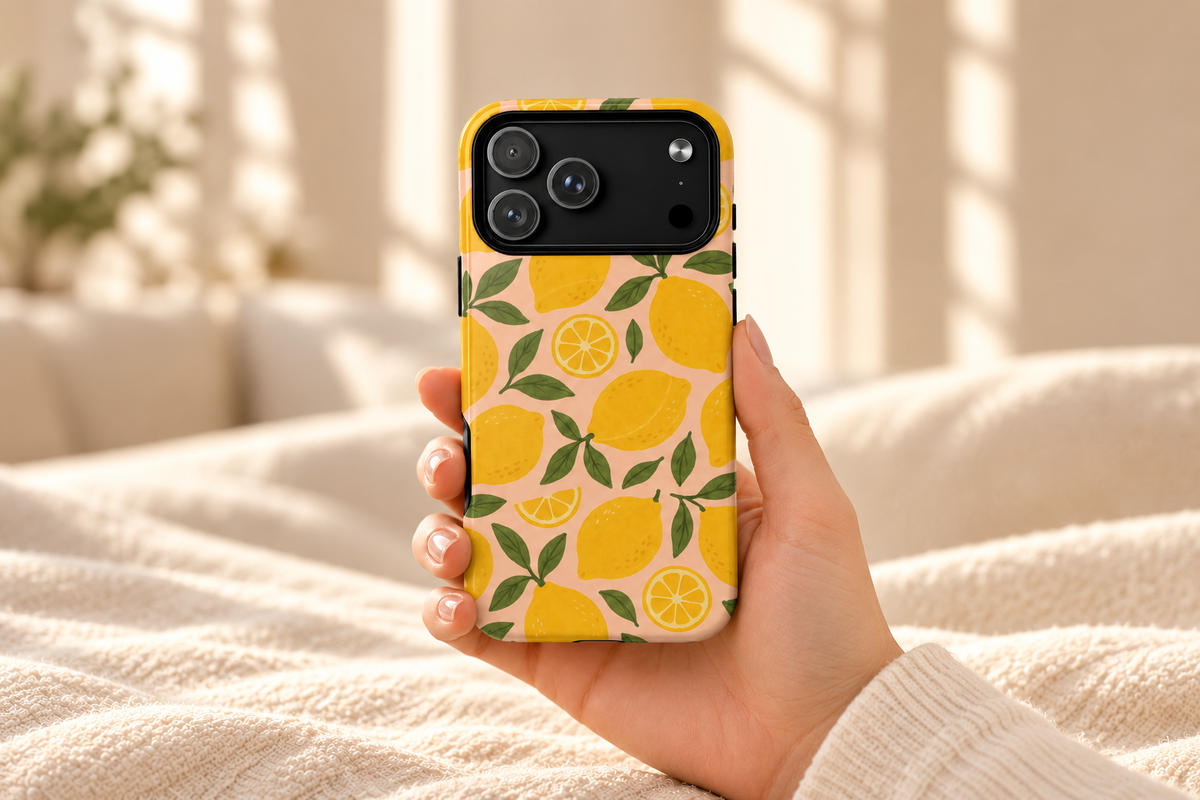 Yellow lemon and green-leaf phone case held above cream linen.