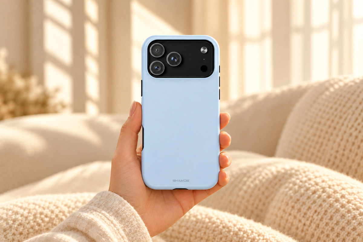 Cloud Blue solid-color phone case held in a softly lit cream room.