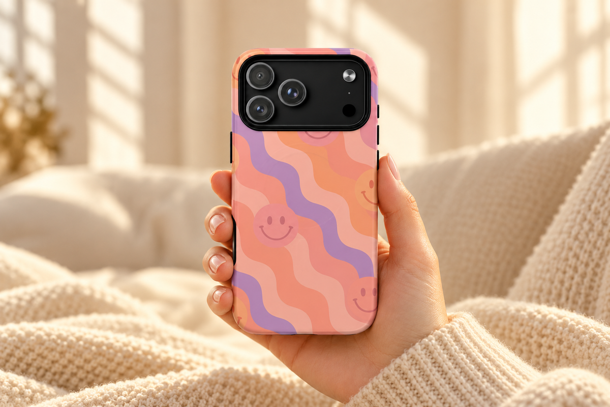 Peach and lilac wavy smiley-face phone case held in a warm cream room.