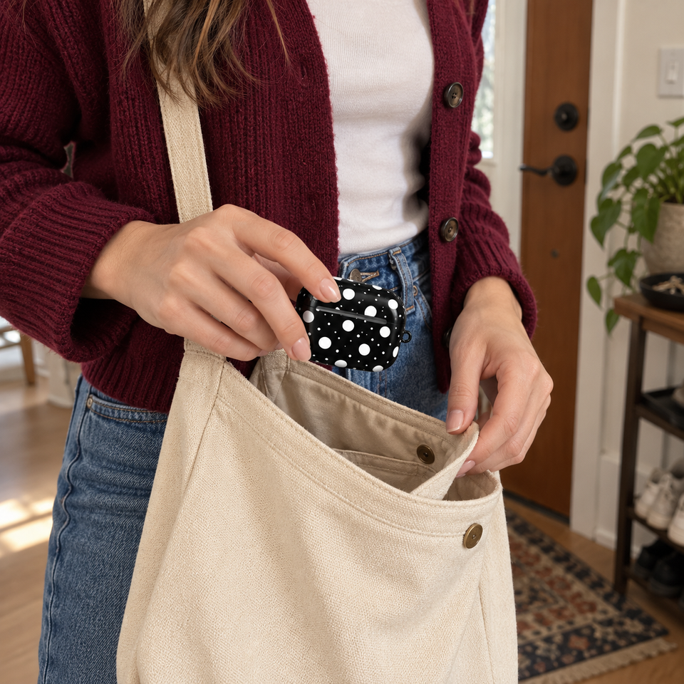 Woman slipping a black and white polka-dot earbud case into a canvas bag
