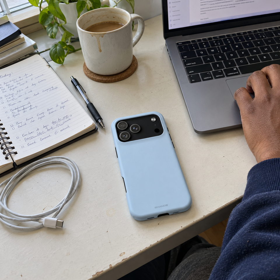 Cloud Blue phone-case design on a work desk beside a laptop and notebook.
