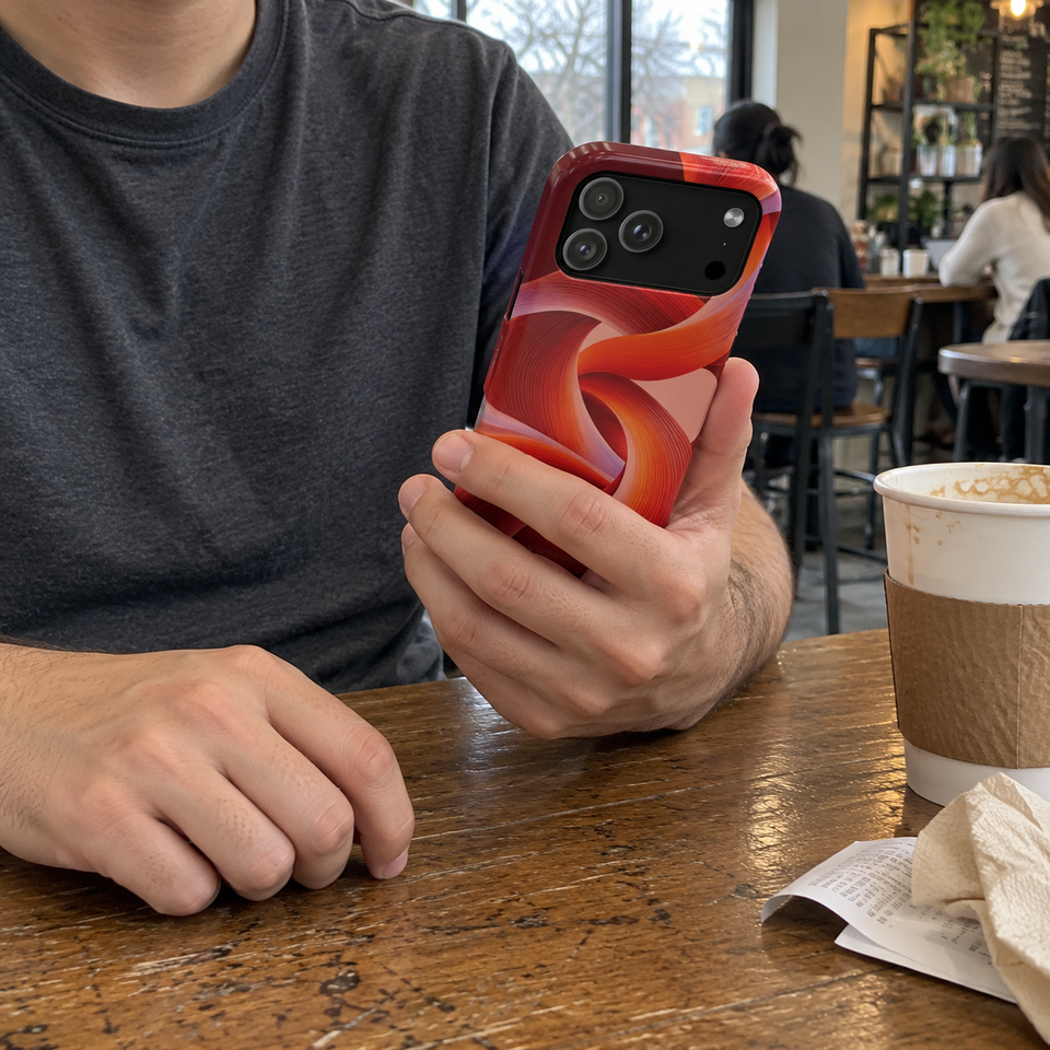 Ember Current phone-case design held at a cafe table beside a paper coffee cup.
