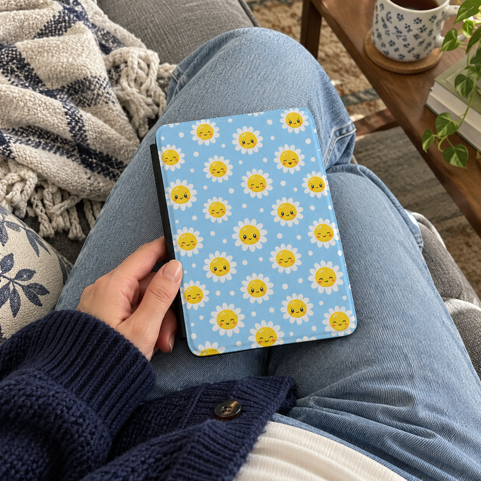 Blue daisy e-reader cover resting on a woman’s lap on the sofa