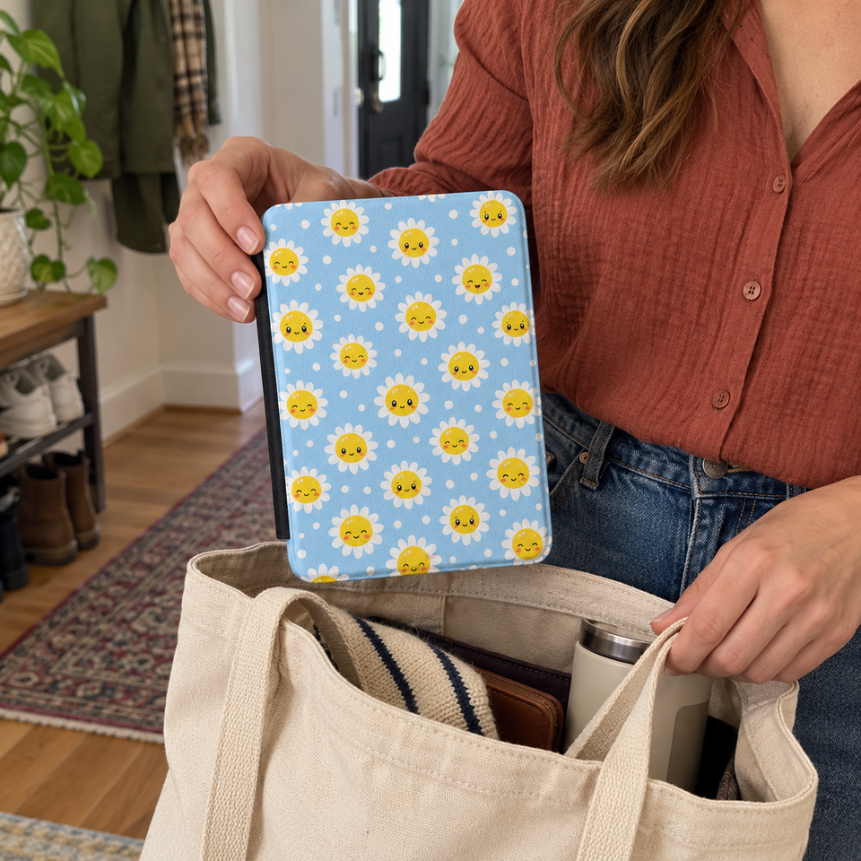 Woman packing a blue daisy e-reader cover into a canvas tote