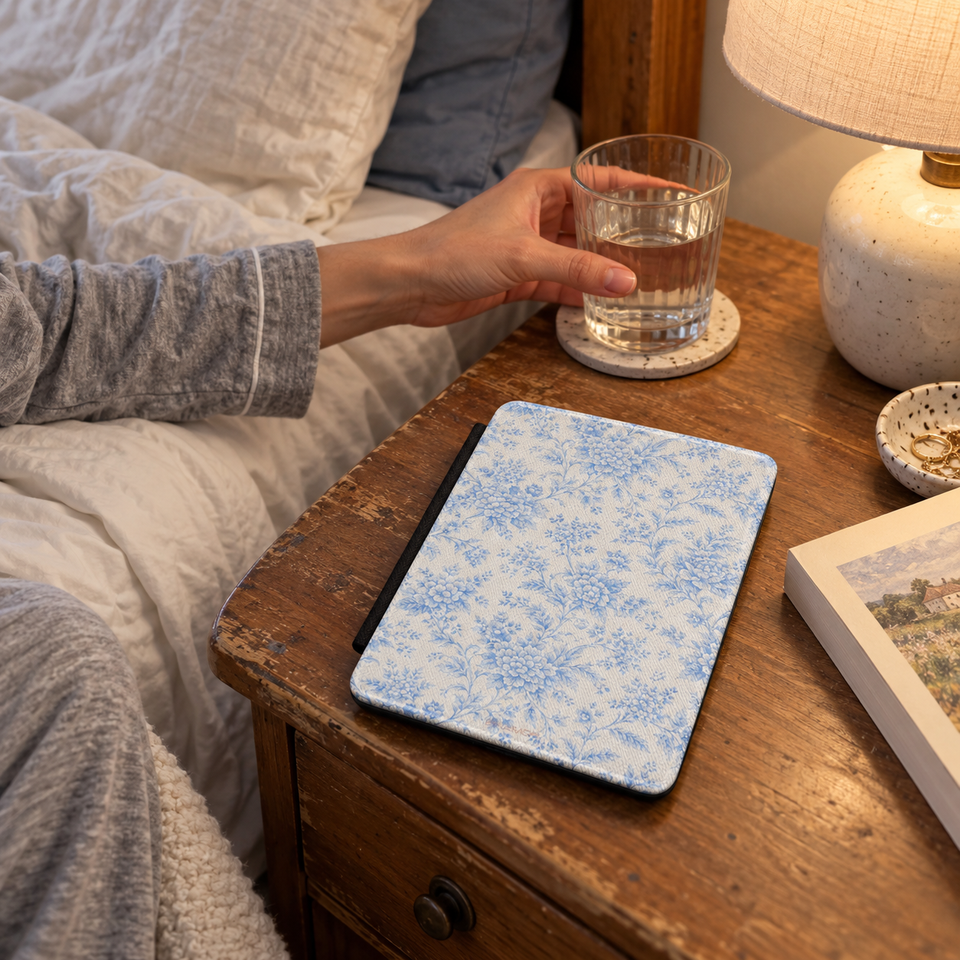 Blue floral e-reader cover on a bedside table beside a reading lamp