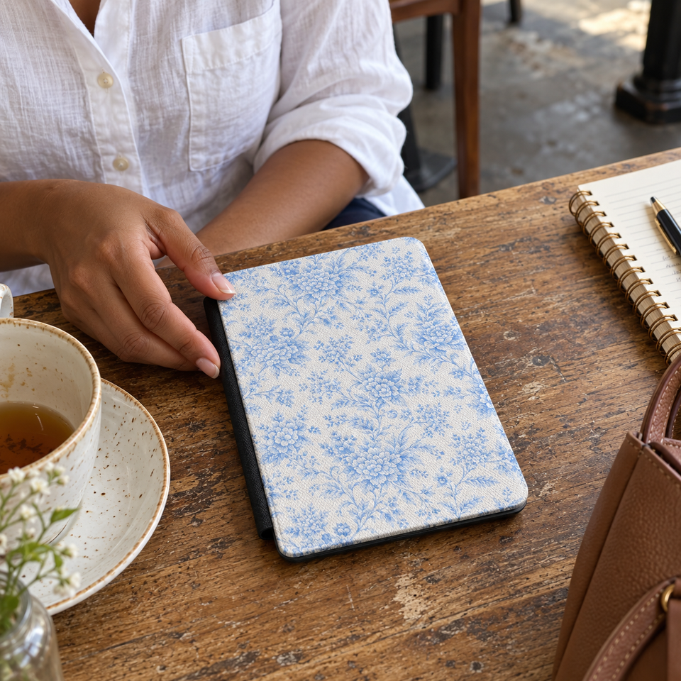 Woman placing a blue floral e-reader cover beside her tea at a café