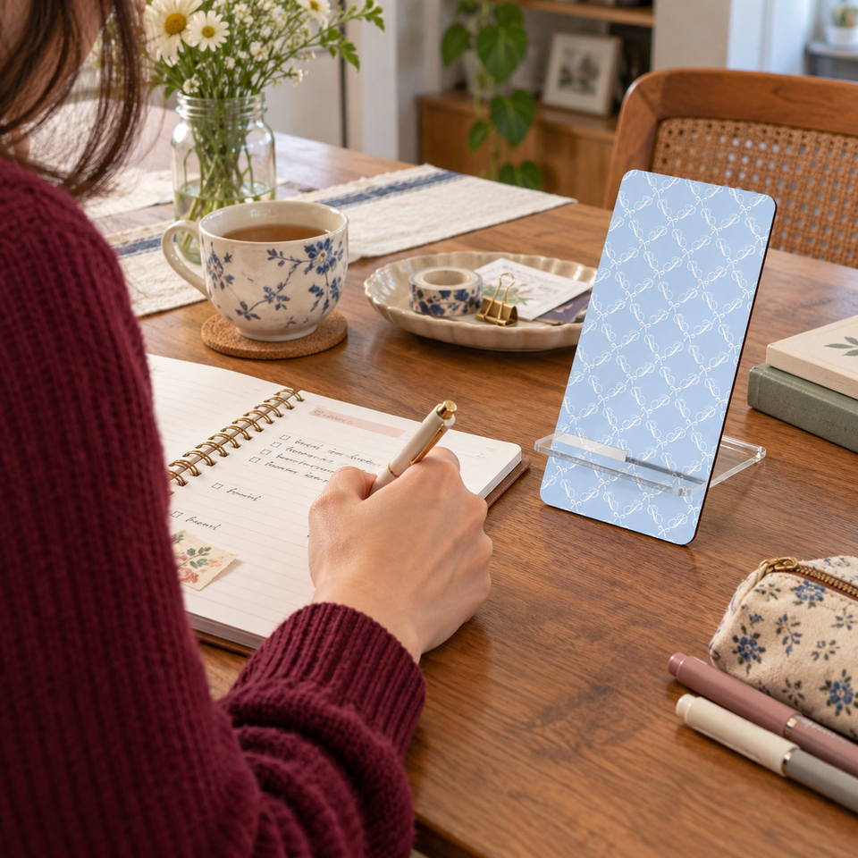Blue bow phone stand beside a woman’s open planner
