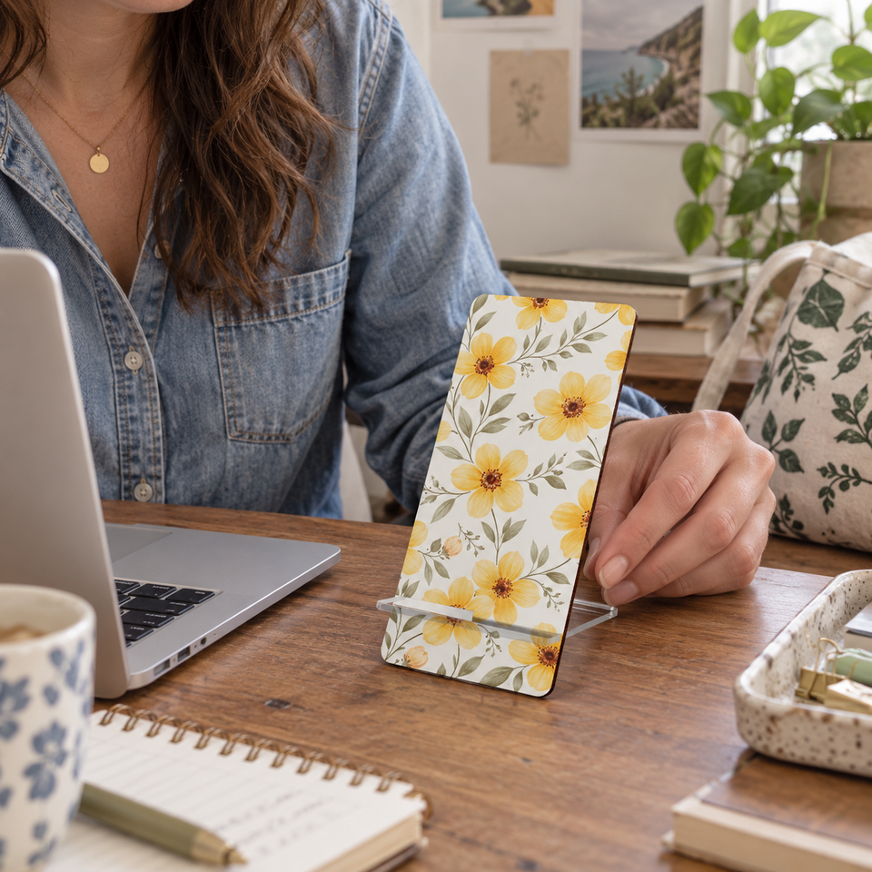 Woman adjusting a yellow floral phone stand on her desk