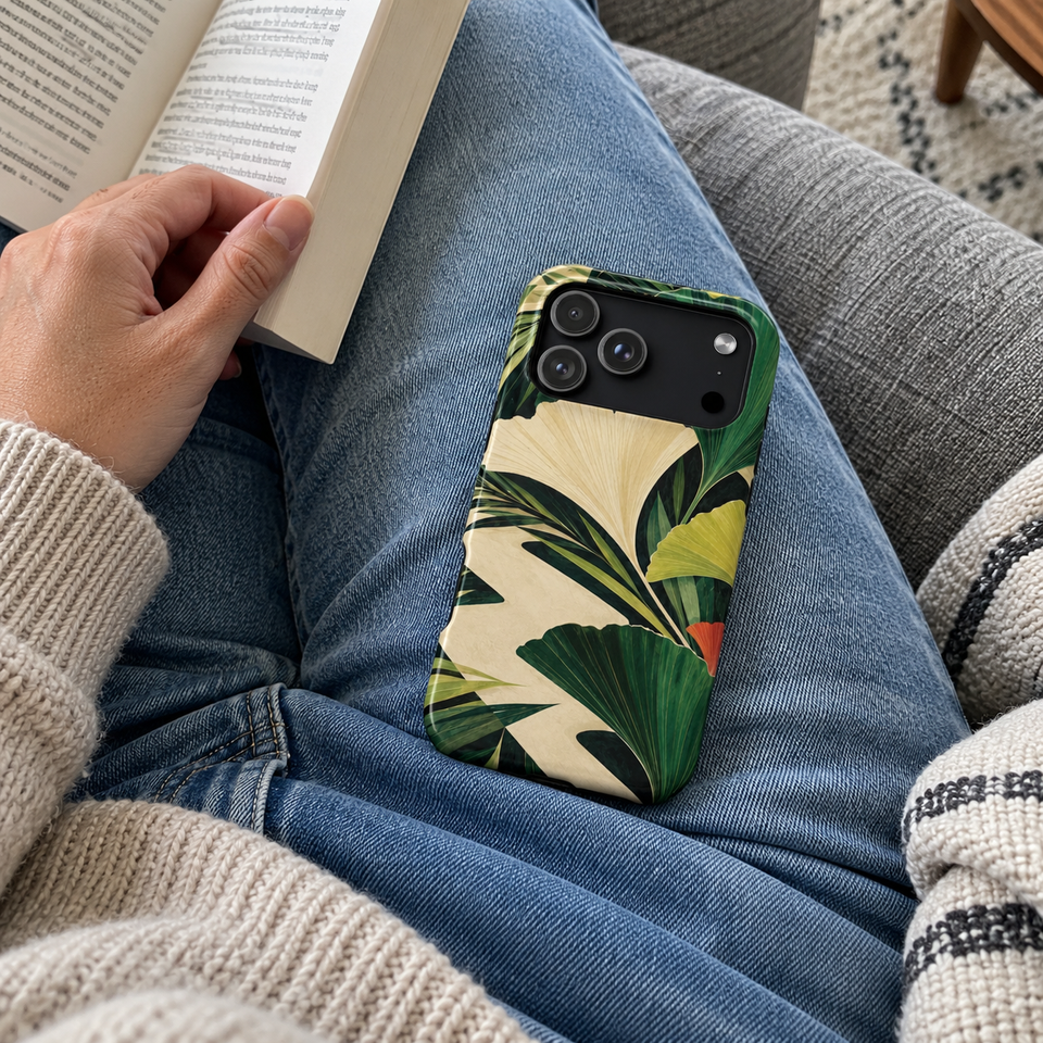 Verdant Signal botanical phone-case design resting on jeans beside an open book on a sofa.
