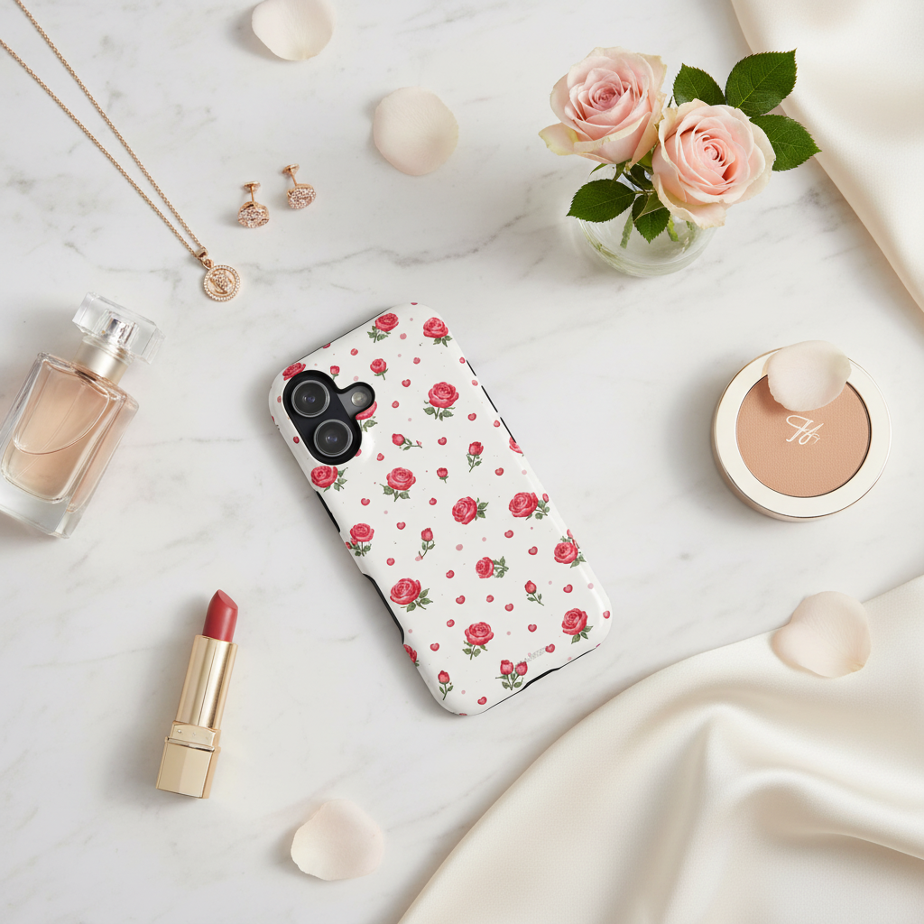 Vanity flat lay with rose case