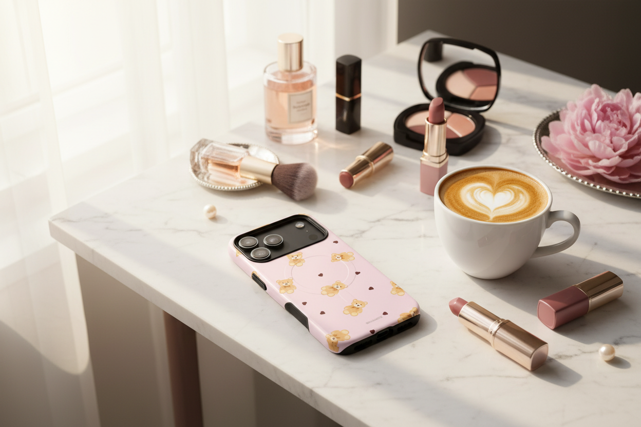Vanity table with makeup and latte