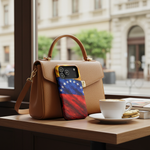 Venezuelan flag case with purse at café