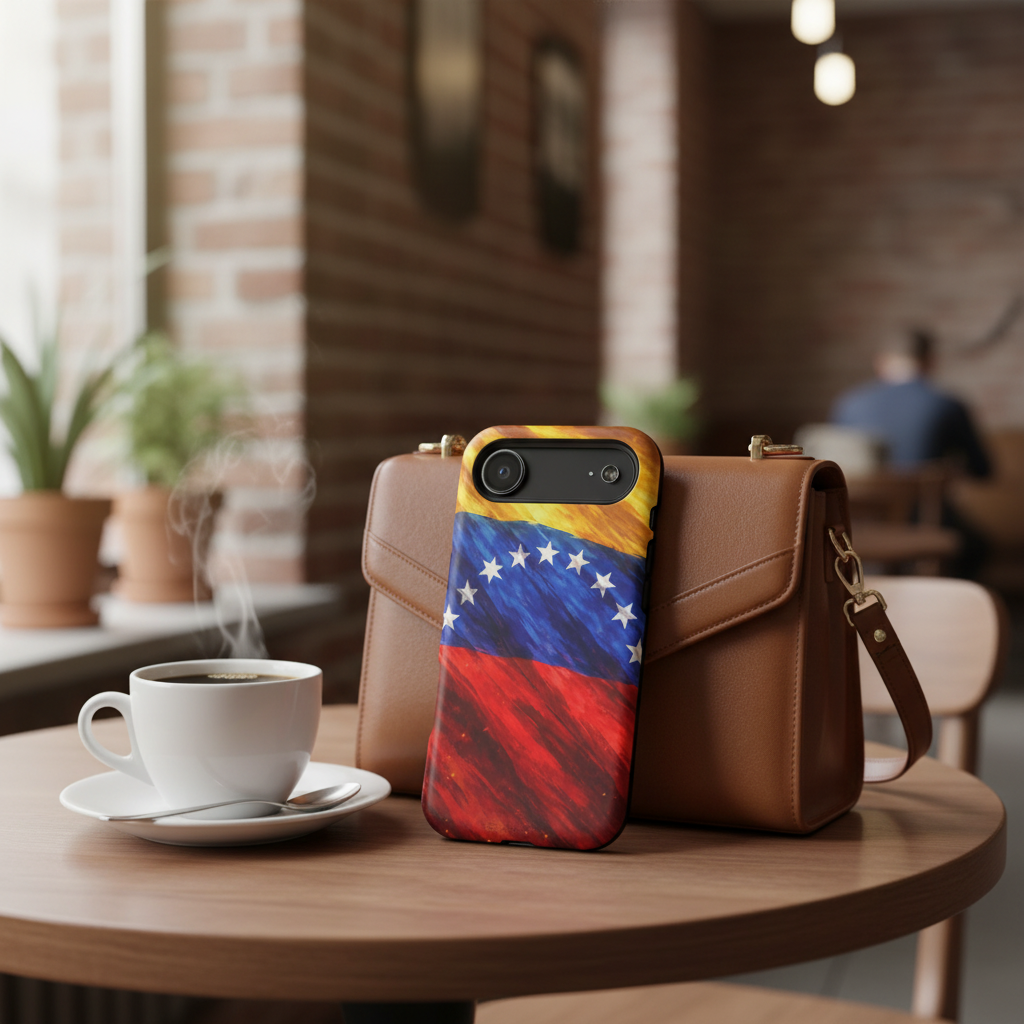 Venezuelan flag case with purse at café
