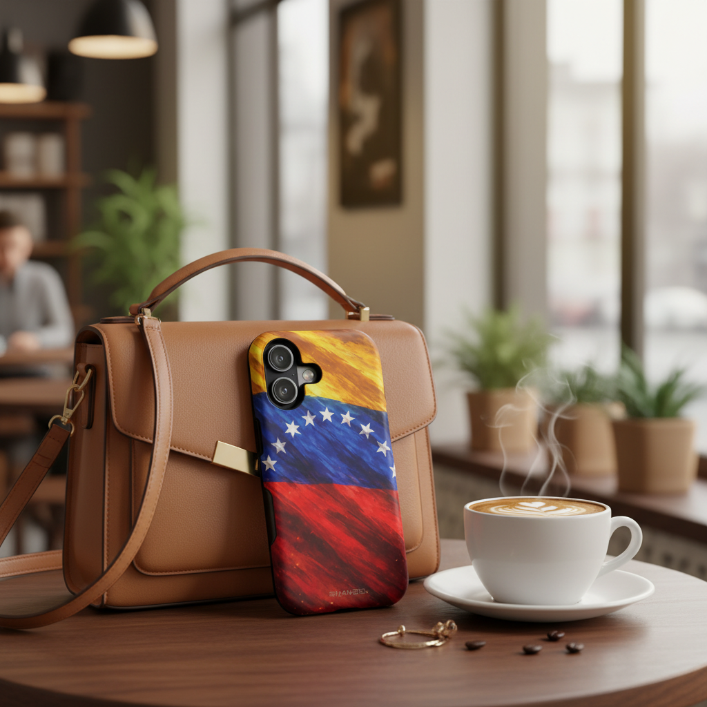 Venezuelan flag case with purse at café