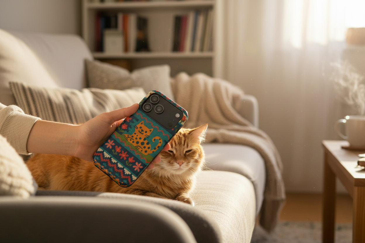 With real cat on couch