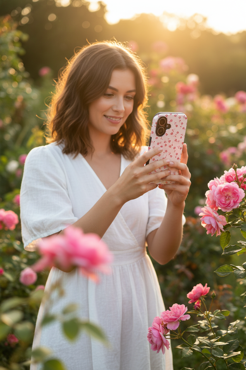 Woman using pink rose case outdoors