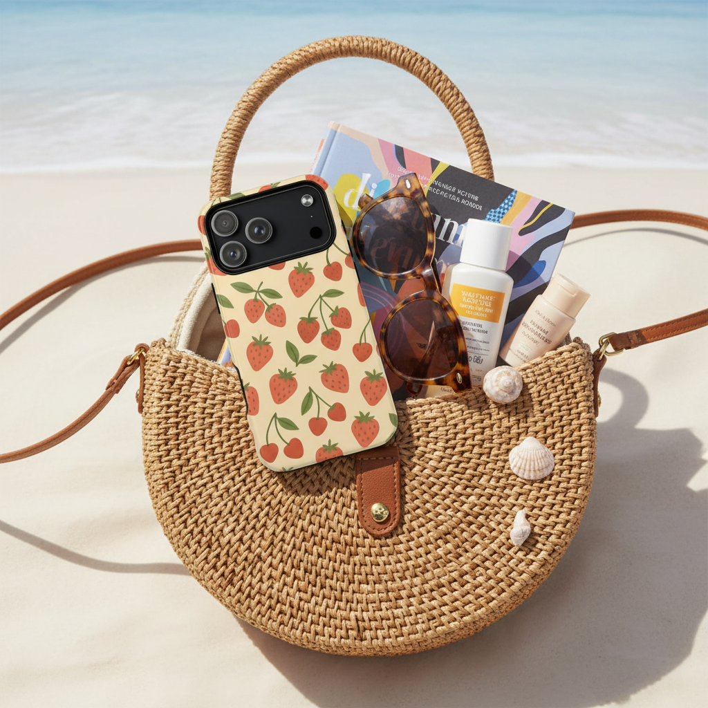 Woven straw purse beach flatlay