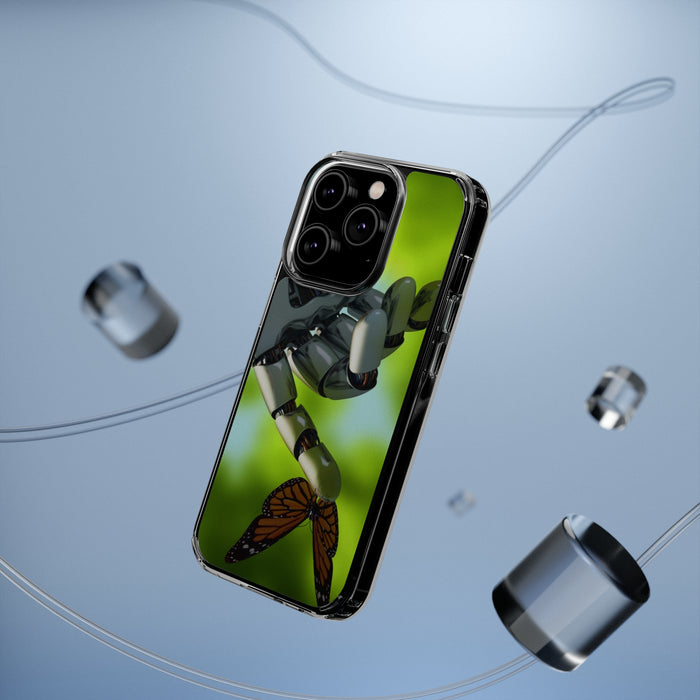 Clear Cases for iPhone 14 Series with Robotic hand and Butterfly.